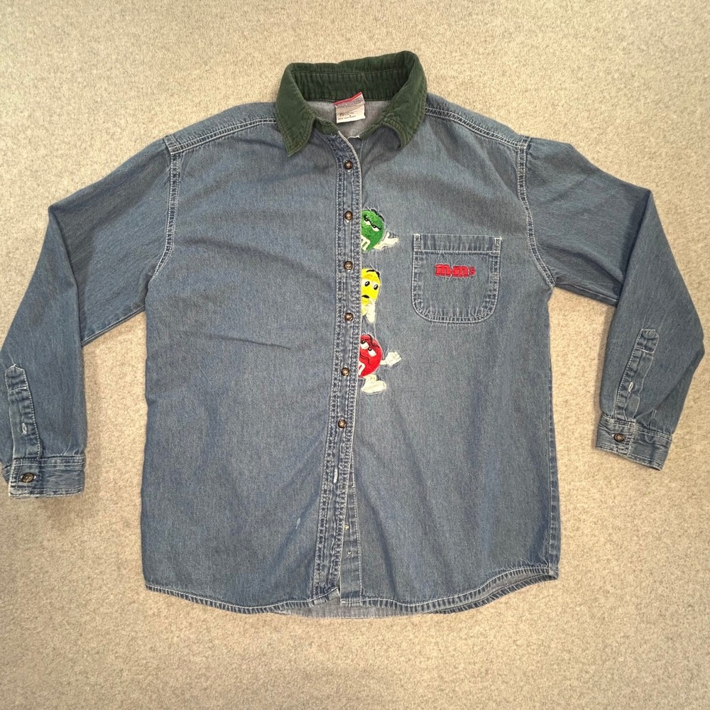 M&M's Denim Shirt Mens Small Blue Vintage 90s‎ Corduroy Collar Good Character